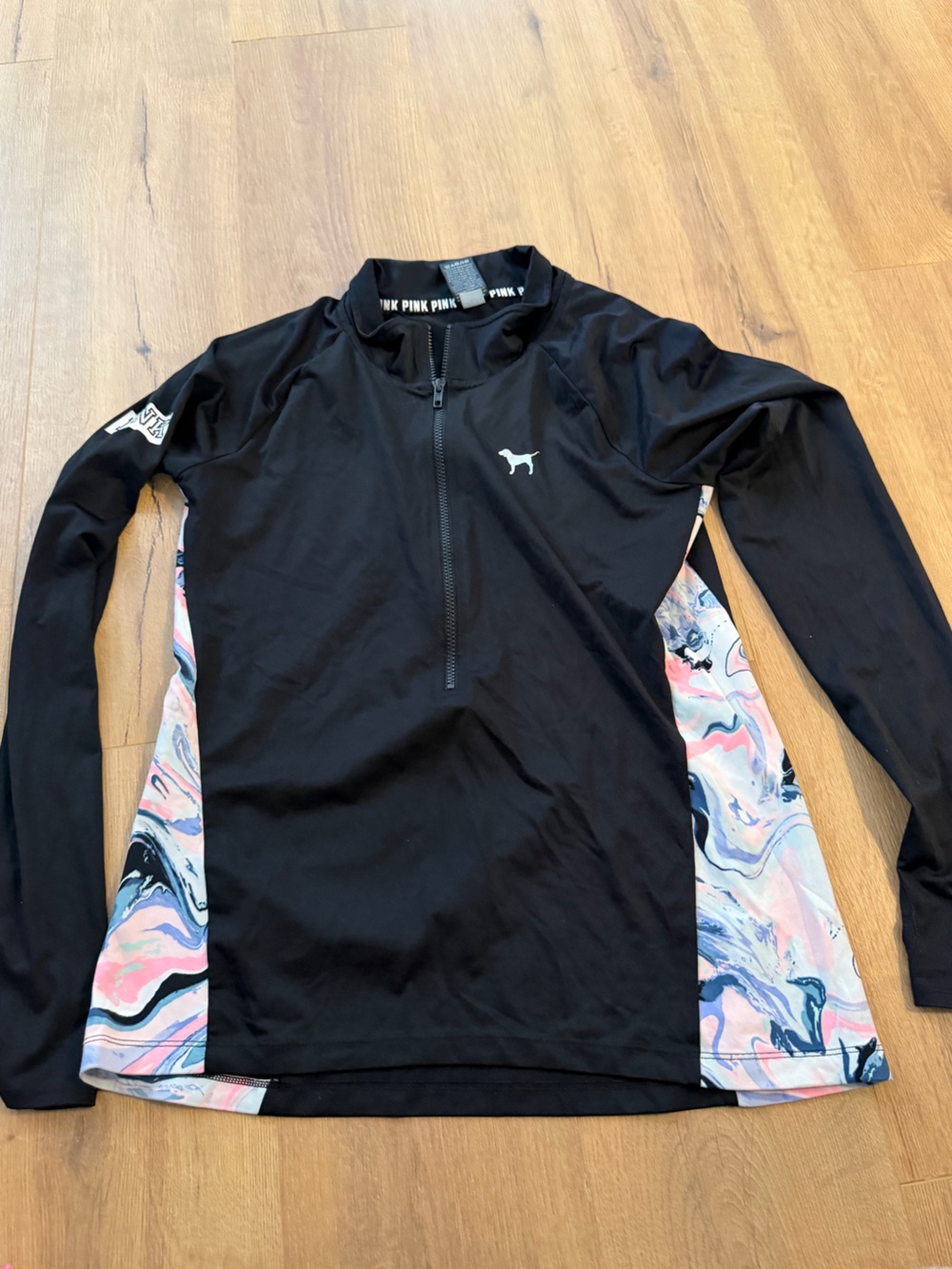 PINK Victoria's Secret Black Long-Sleeve Top with Marble Pink Panels